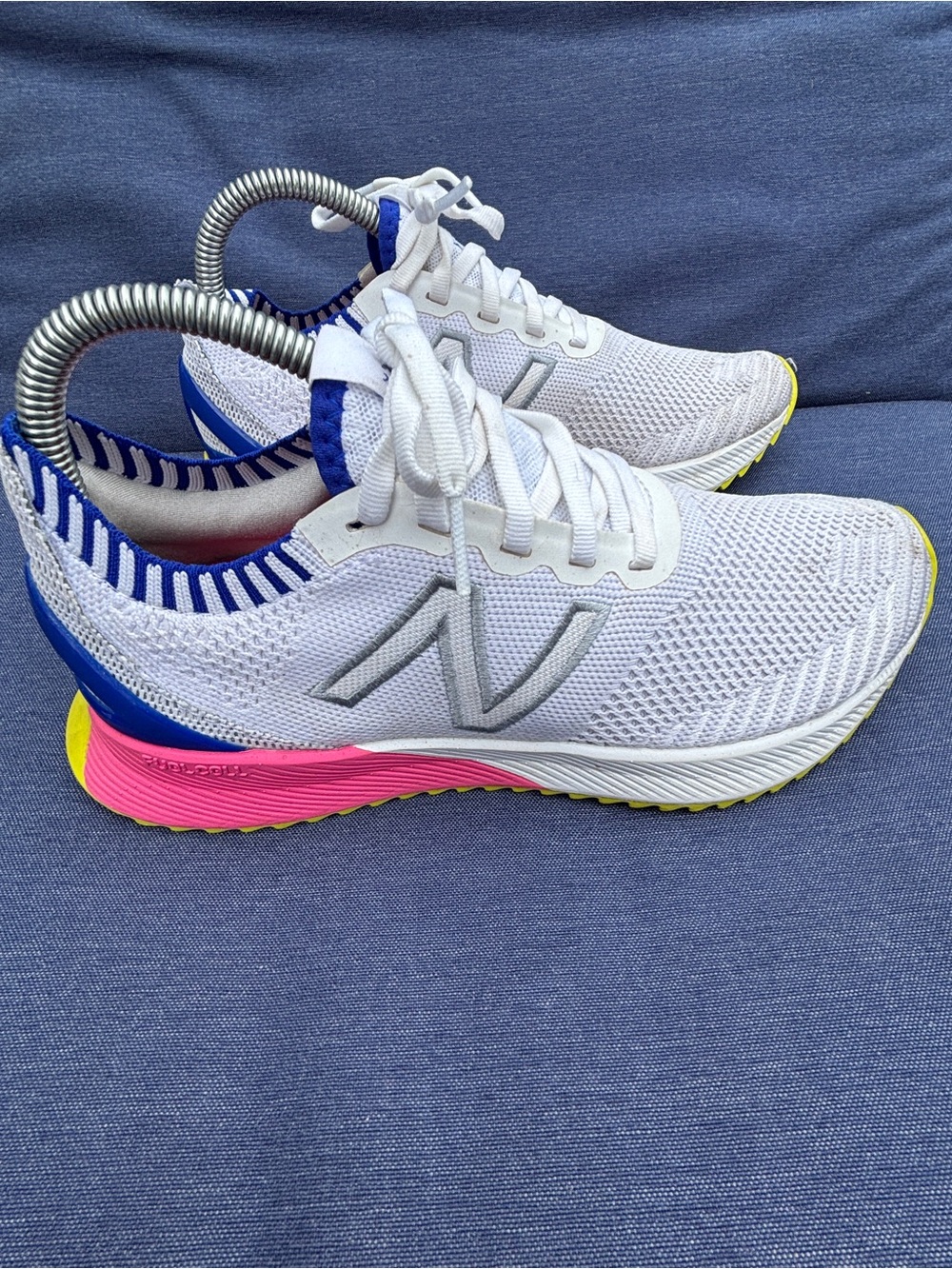 New Balance White Knit Sneakers with Pink, Blue & Yellow Accents